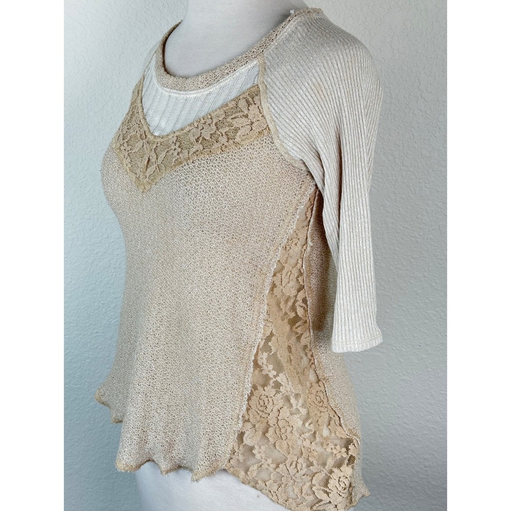 We The Free Lace Inset Open Knit Top XS Sheer Panel Boho Raw Hem Tunic - Picture 3 of 10